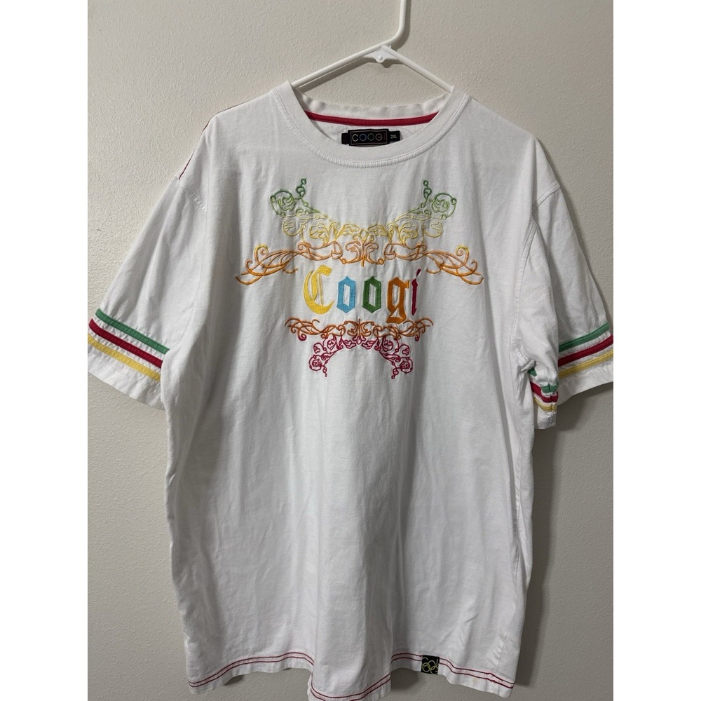 Vintage COOGI 2XL Embroidered Graphic T-Shirt White Multicolor Logo Rare Hip Hop